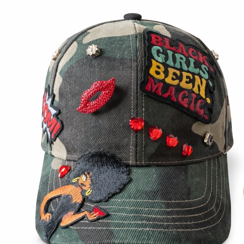 Camo Baseball Cap with 'Black Girls Been Magic' Patch & Red Embellishments